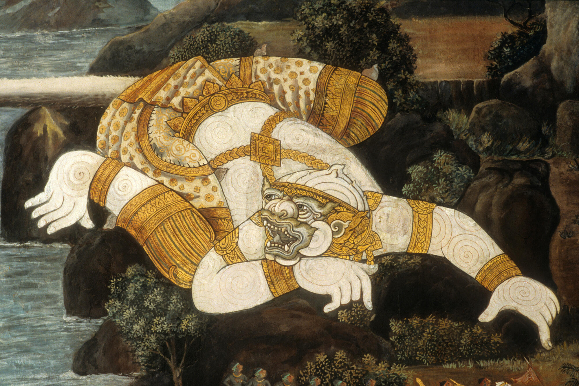 Le singe Hanuman. Scne du Ramakien, version Tha• du Ramayana (pome Žpique sanskrit). Fresques peintes sous le rgne de Rama III (1824-1850) puis restaurŽes en 1932. Wat Phra Kaeo. Temple du Bouddha d'Emeraude. Ce temple est inclu dans l'enceinte du Palais royal. Il a ŽtŽ construit ˆ la fin du XVIII me sicle par le roi Rama 1er pour abriter le Bouddha d'Žmeraude. Bangkok.Tha•lande. 