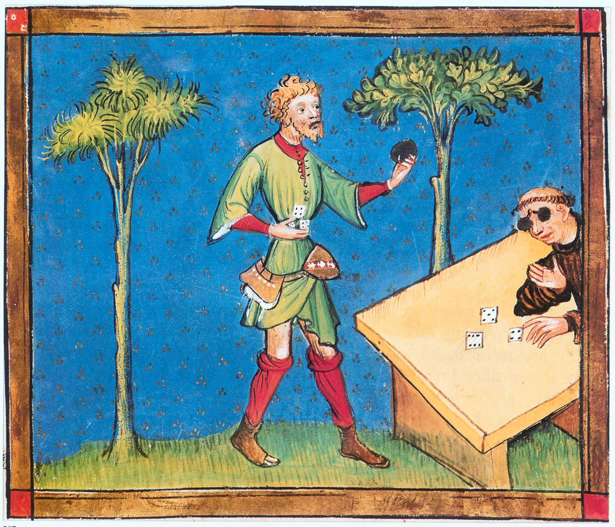 The Book of the Game of chess, by Kunrat von Ammenhausen. Swiss-German, end 14th. Pawn, holding three dice in his right hand. fol.104 verso.
