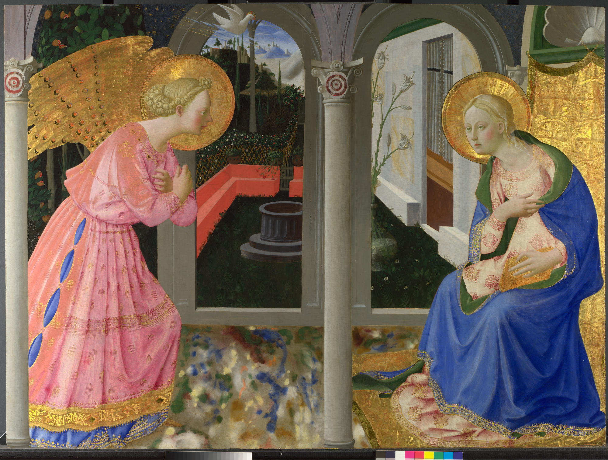 The Annunciation, about 1440-5. Egg tempera on wood, 104.5 x 142 cm. Bought, 1894 (NG1406).