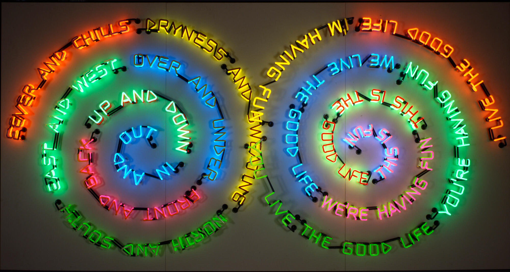 Having Fun/Good Life, Symptoms, 1985, neon tubing mounted on metal monolith, overall: 69 x 131 3/8 x 15 in. (175.3 x 333.7 x 38.1 cm); Purchased with funds provided by the Partners of Reed Smith Shaw & McClay and Carnegie International Acquisition Fund, 85.32.